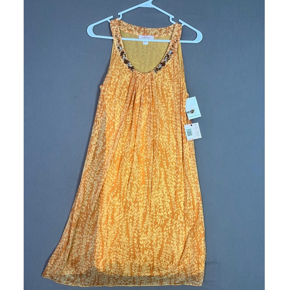 VTG Intuitions Silk Shift Dress L Floral Beaded Neckline Orange Boho Fairy NWT